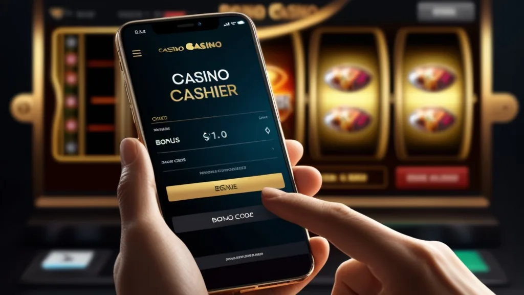 Casino cashier screen highlighting a bonus code field on a glowing phone