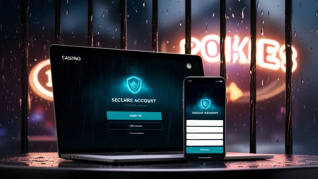 Laptop and phone showing a casino login screen in a dark neon setting