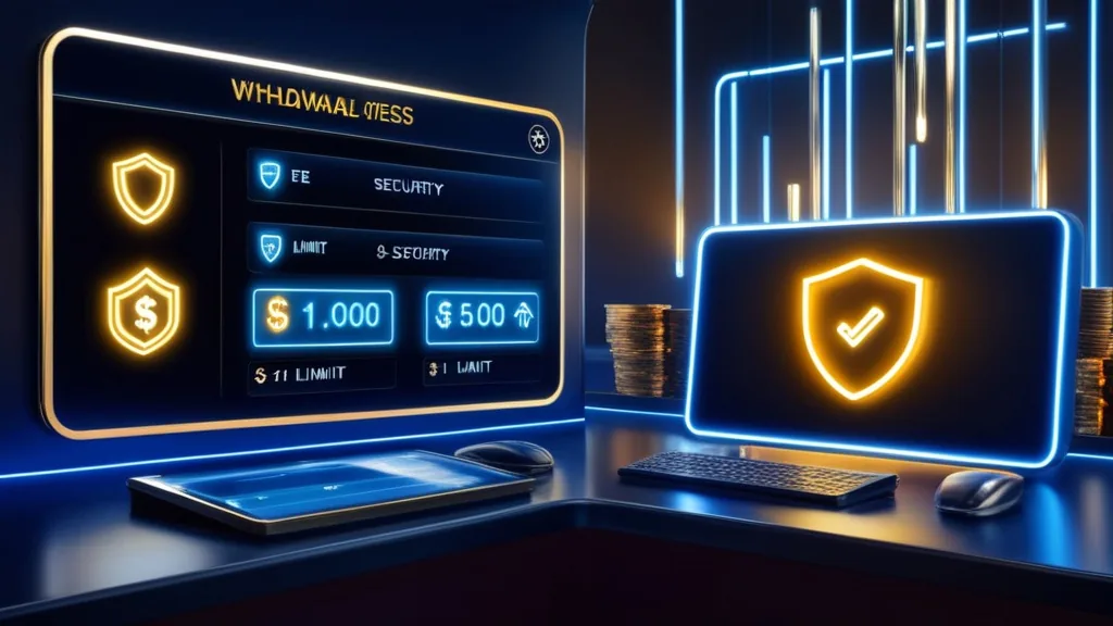 Withdrawal dashboard showing limits, fees, and security icons in a casino environment