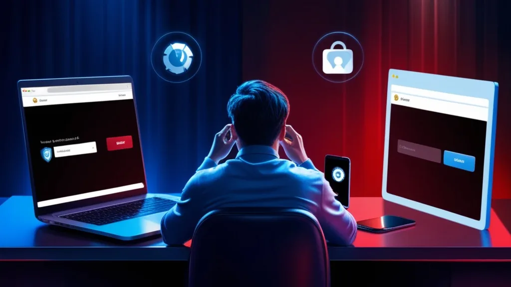 Player troubleshooting a stalled login page on a laptop and phone