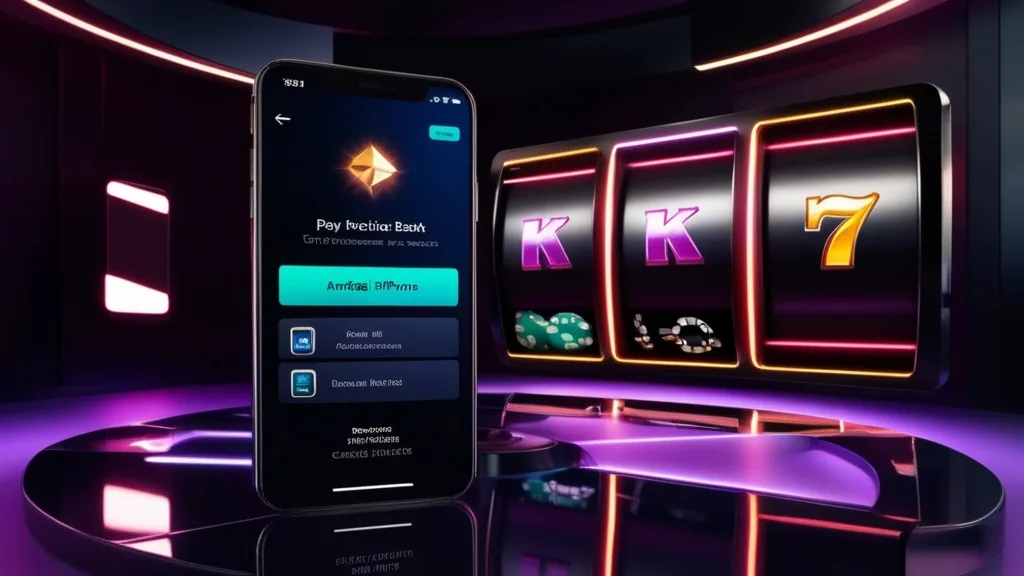 Smartphone showing Android and iPhone download options in a neon casino setting