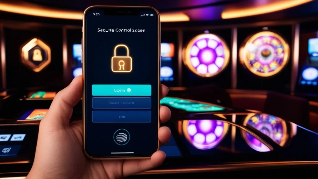 Smartphone login screen with security icons in a dark neon casino environment