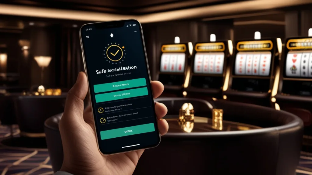 Phone screen showing a careful app installation process in a dark casino-style setting