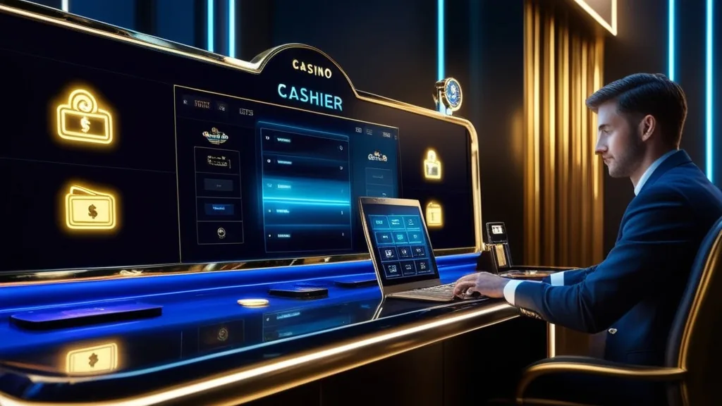 Casino cashier screen showing payment methods and wallet icons in a dark setting