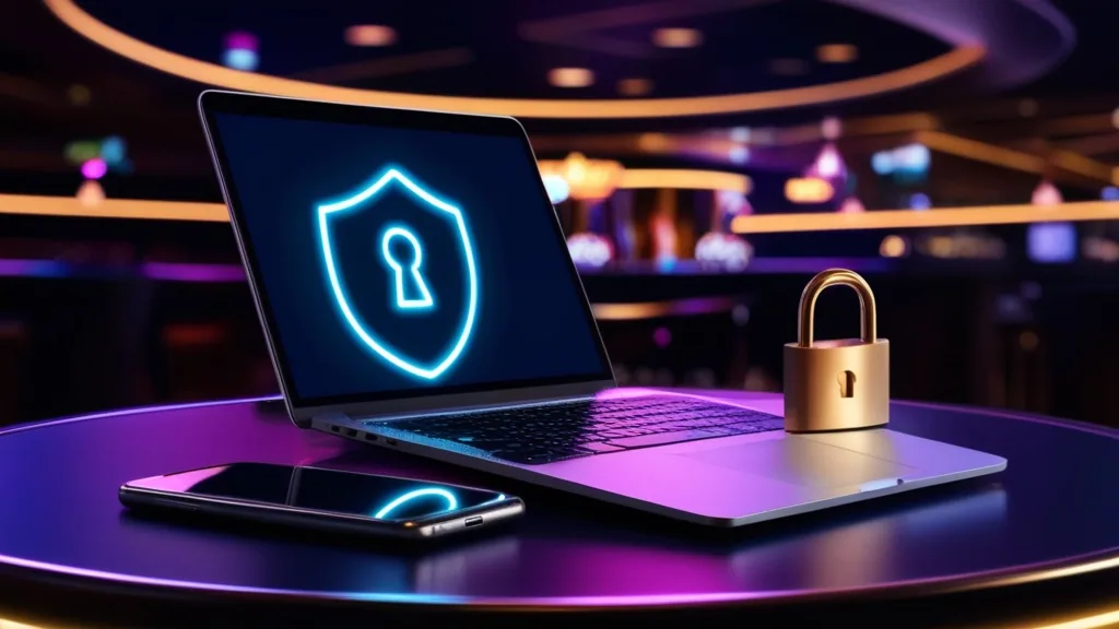 Secure login scene with a password shield and padlock in a casino setting